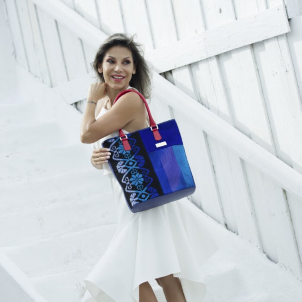 LIMÓN PIEL – Brocato Azul Handmade Leather & Loom Tote Bag